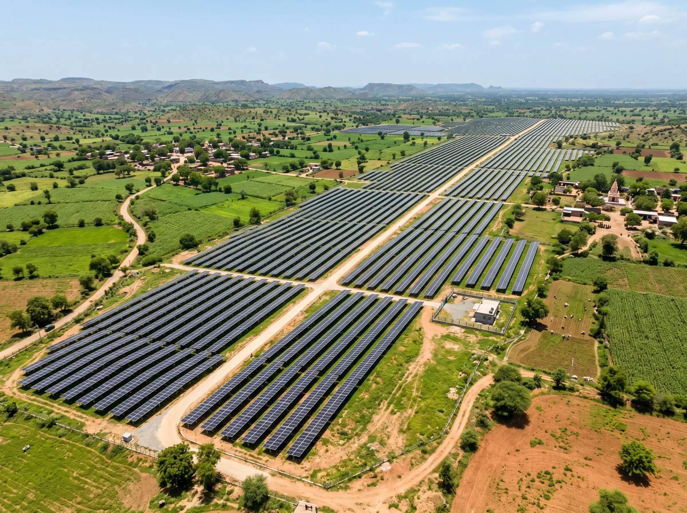 Aerial view of a ground-mounted solar plant among farmland