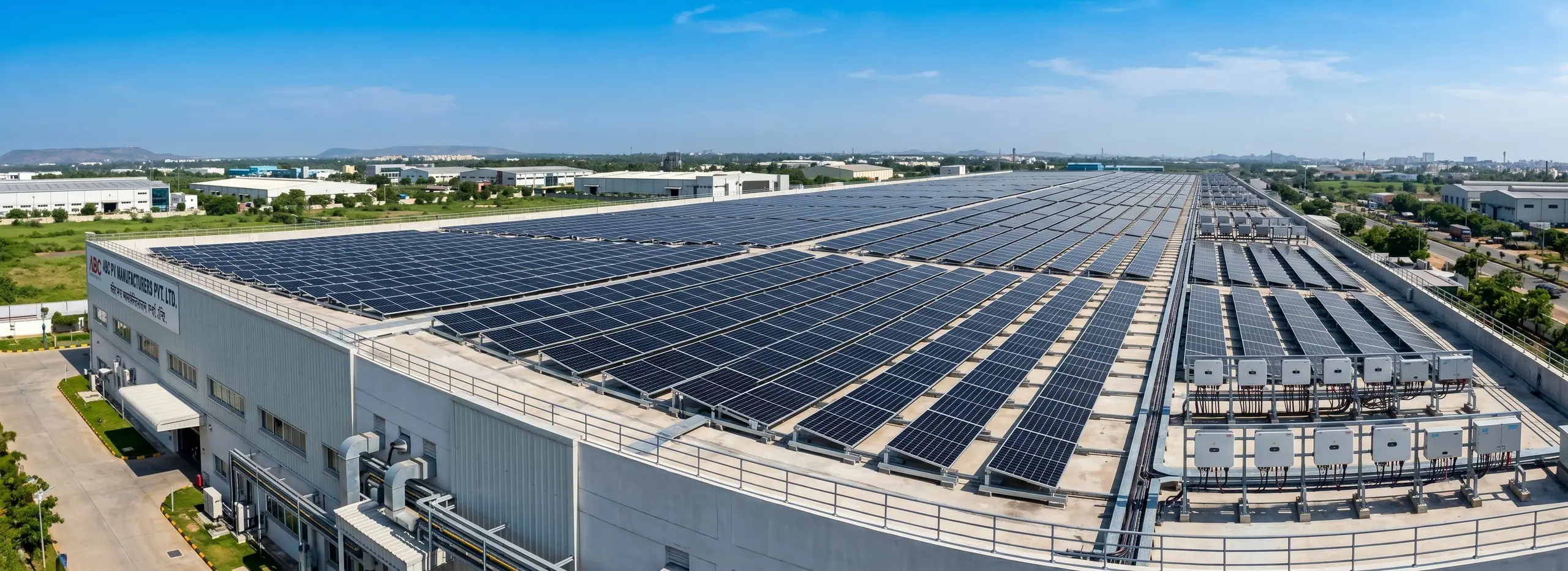 Large commercial rooftop solar installation on a factory