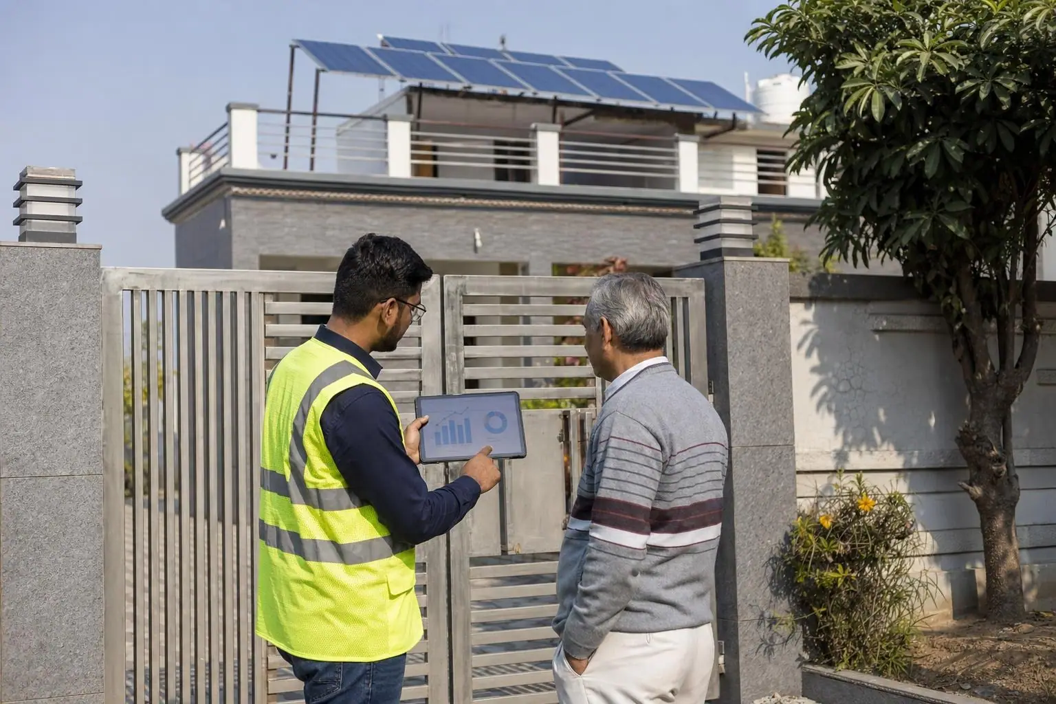 Solar engineer walking a homeowner through savings on a tablet