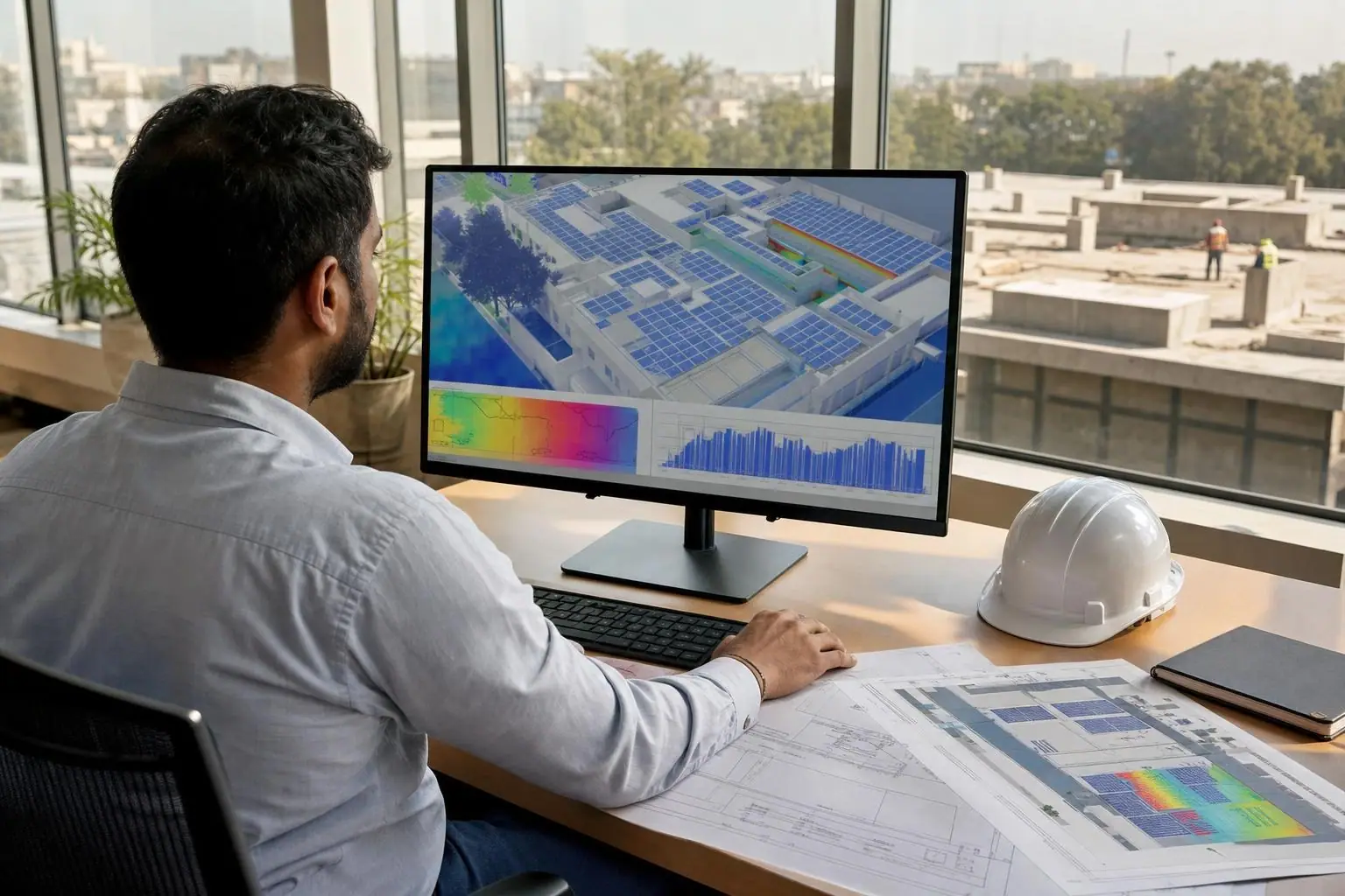 Engineer reviewing a 3D solar layout and shading analysis