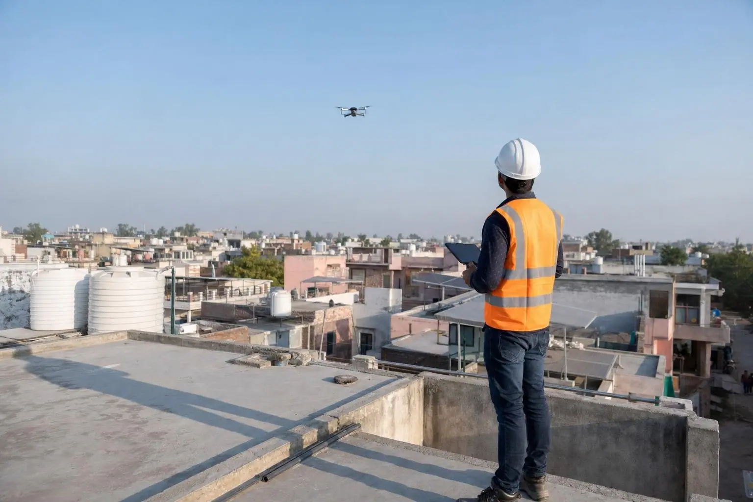 Engineer flying a survey drone over a rooftop