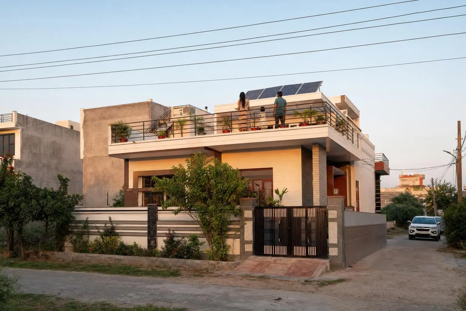Indian family home with a rooftop solar system on the terrace