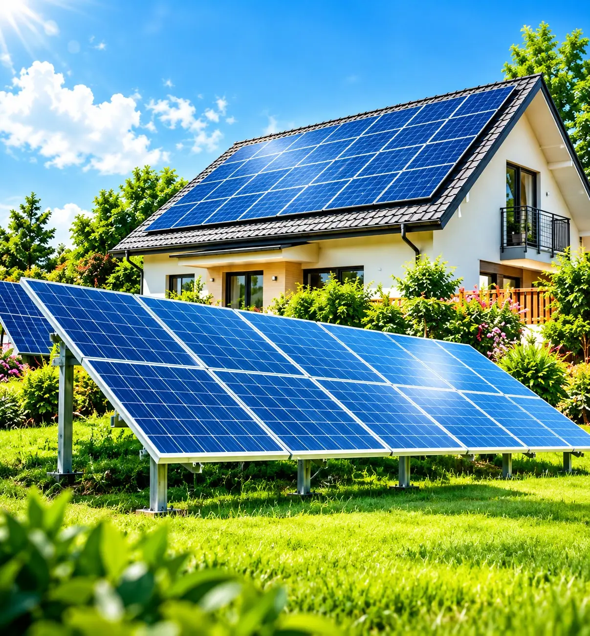 Home powered by a ground-mounted solar array in the garden