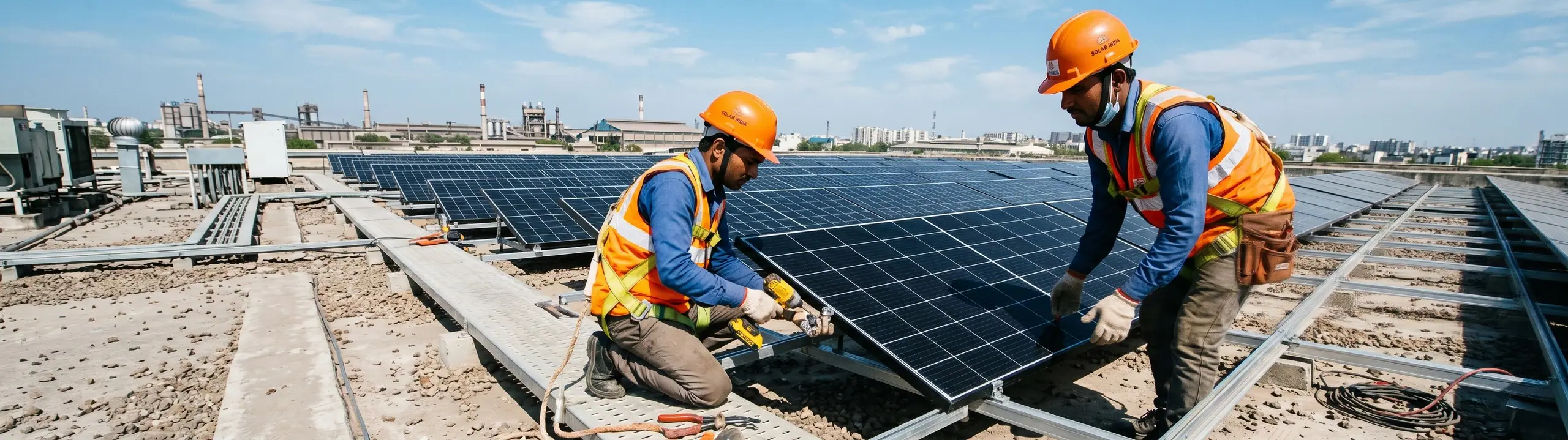 Engineers installing solar modules on a rooftop