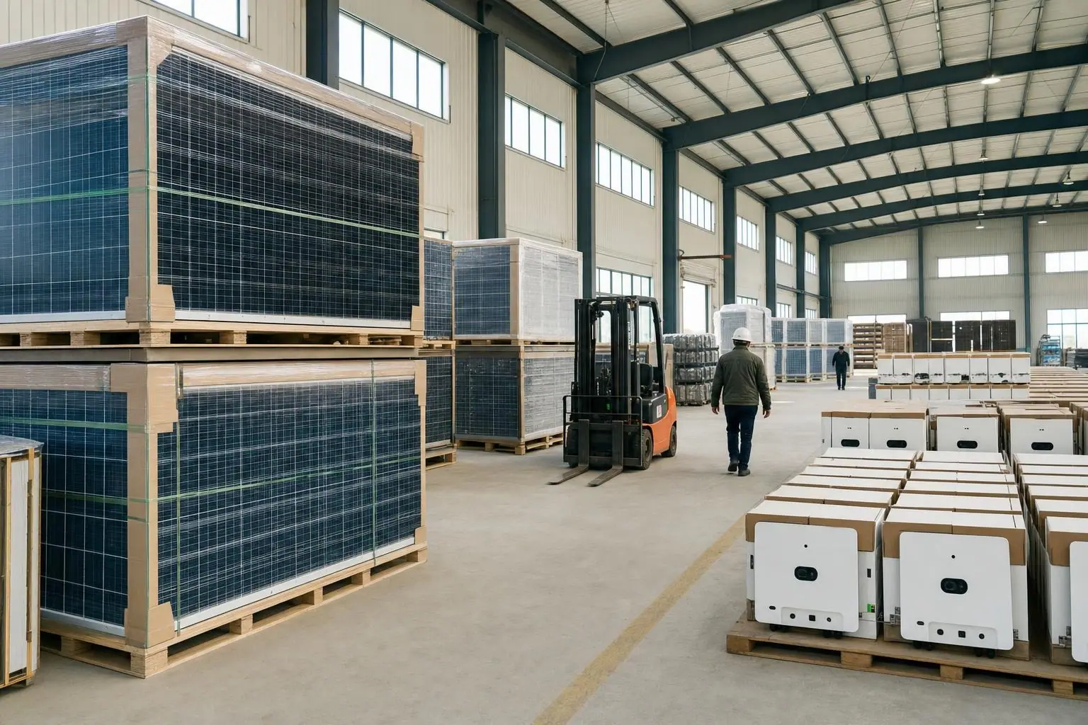 Warehouse stocked with pallets of solar modules and inverters