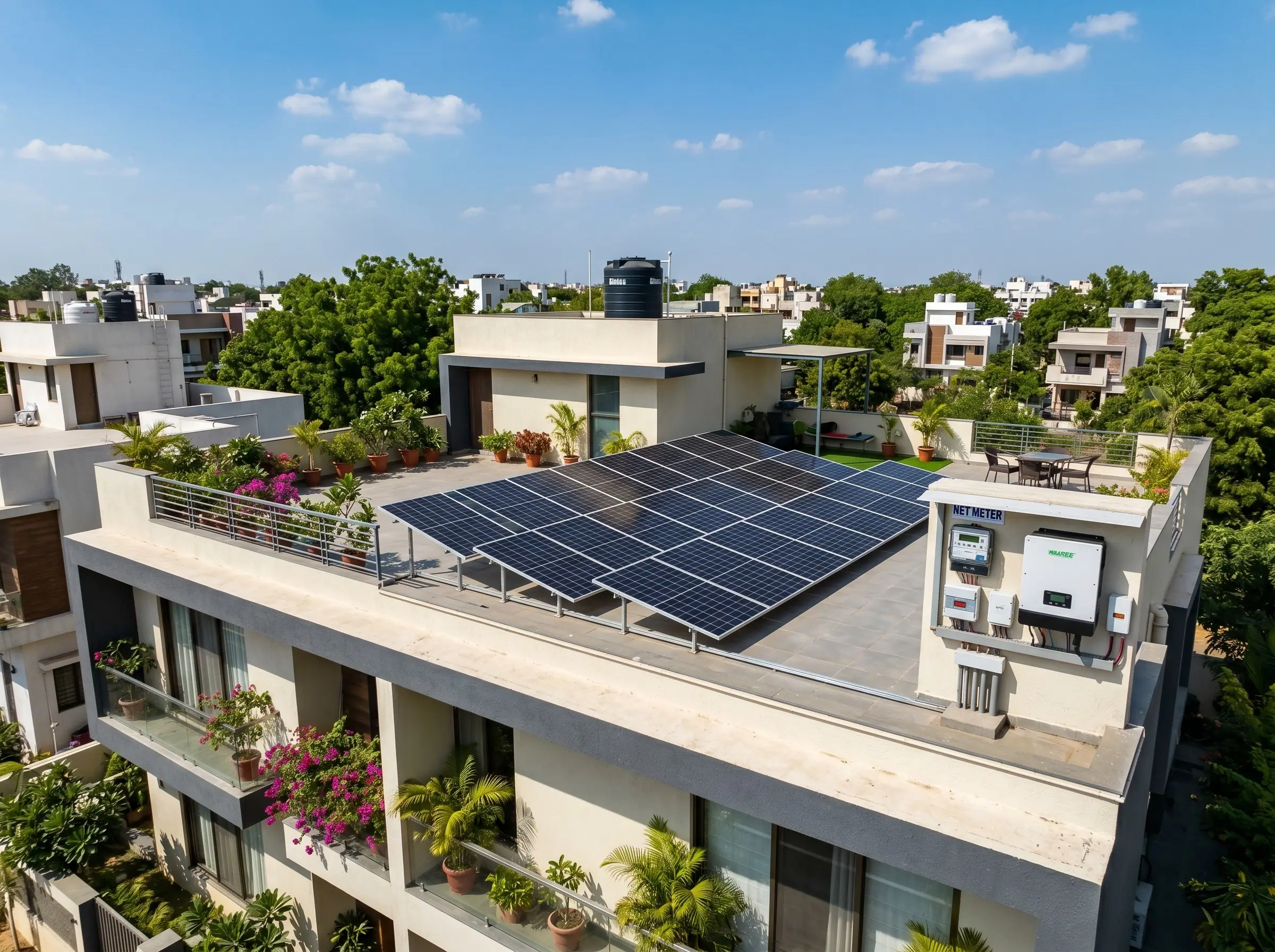 Residential rooftop solar system on a house terrace