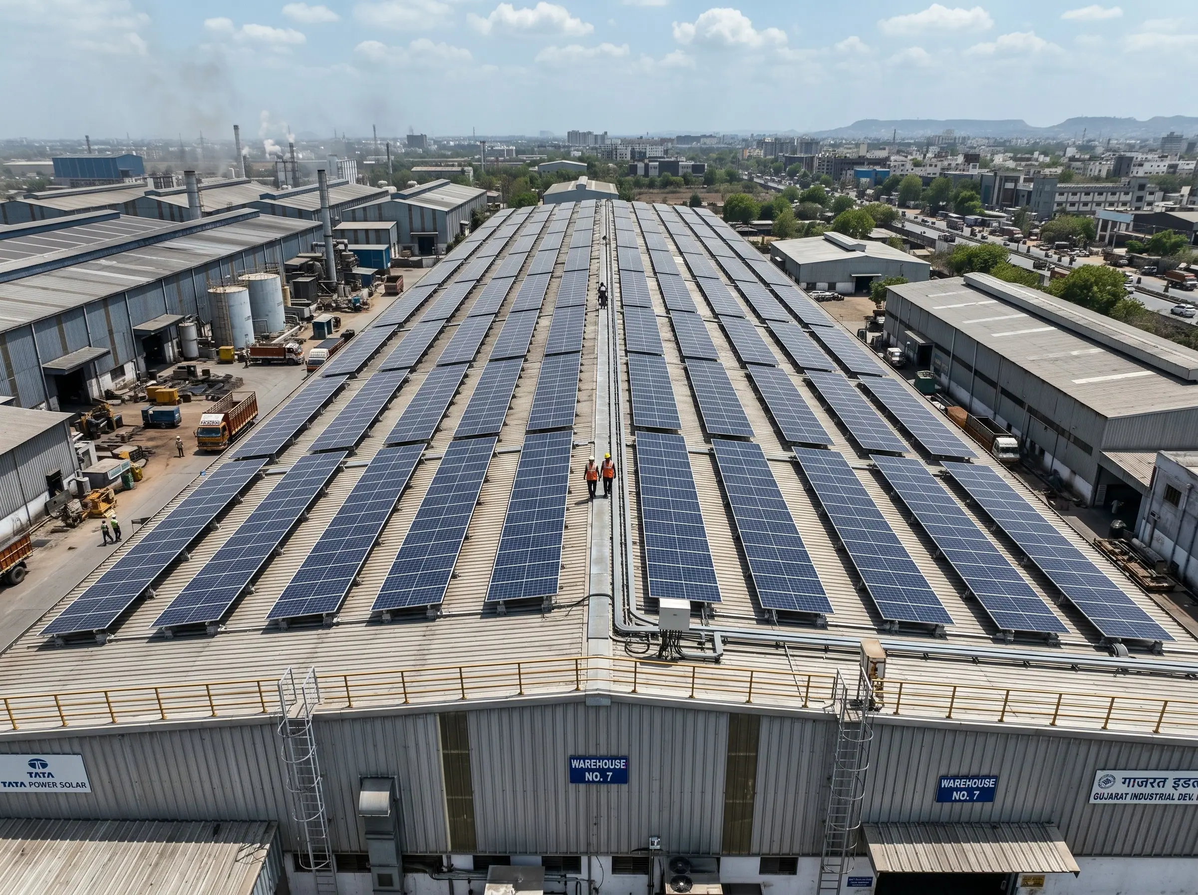 Solar arrays across industrial warehouse roofs